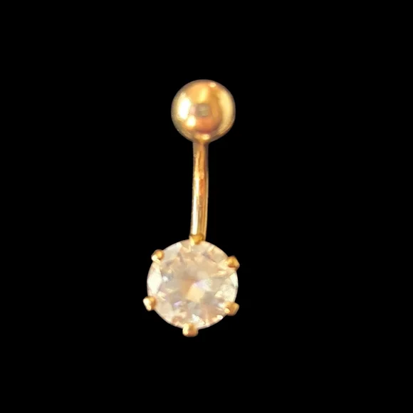 14k Gold YG Belly Button Ring Navel Barbell with Clear Gem - Picture 2 of 6